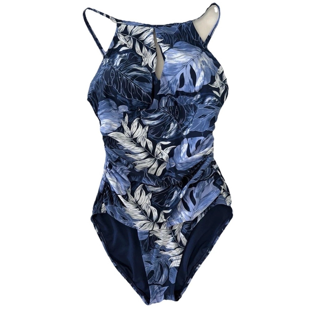 Ellen Tracy Womens Blue Keyhole Neck Tank One-Piece Swimsuit Sz 10